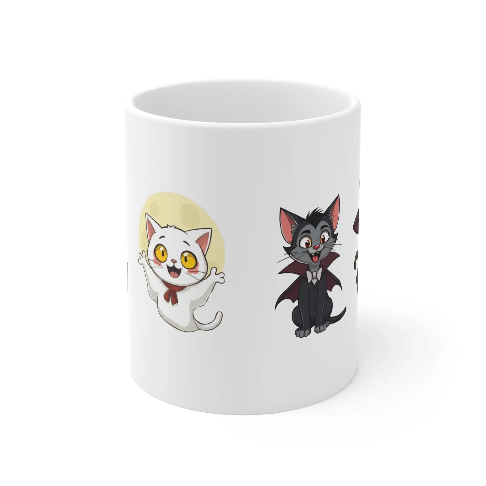 Spooky coffee mug featuring cat versions of universal monsters