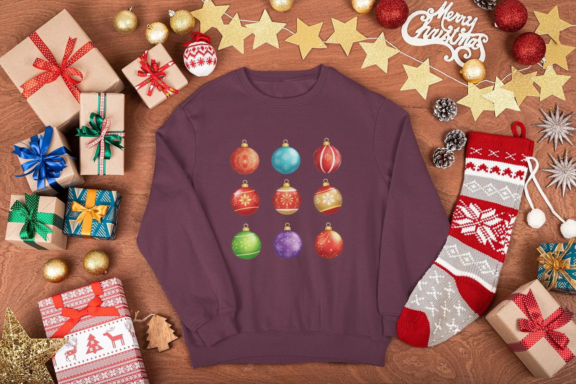 Sweatshirt with a graphic of Christmas decorations