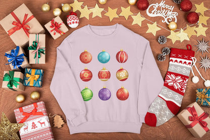 Sweatshirt with a graphic of Christmas decorations