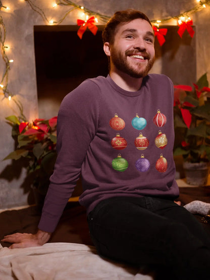 Sweatshirt with a graphic of Christmas decorations