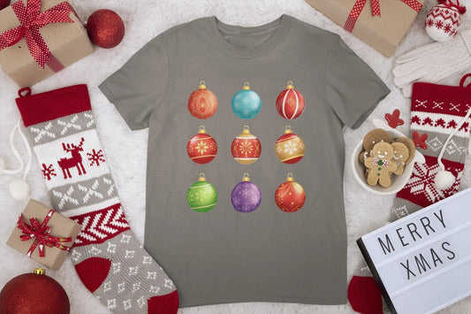 tshirt with a graphic of Christmas decorations