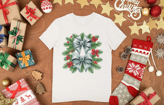 Christmas tshirt with bows and wreath