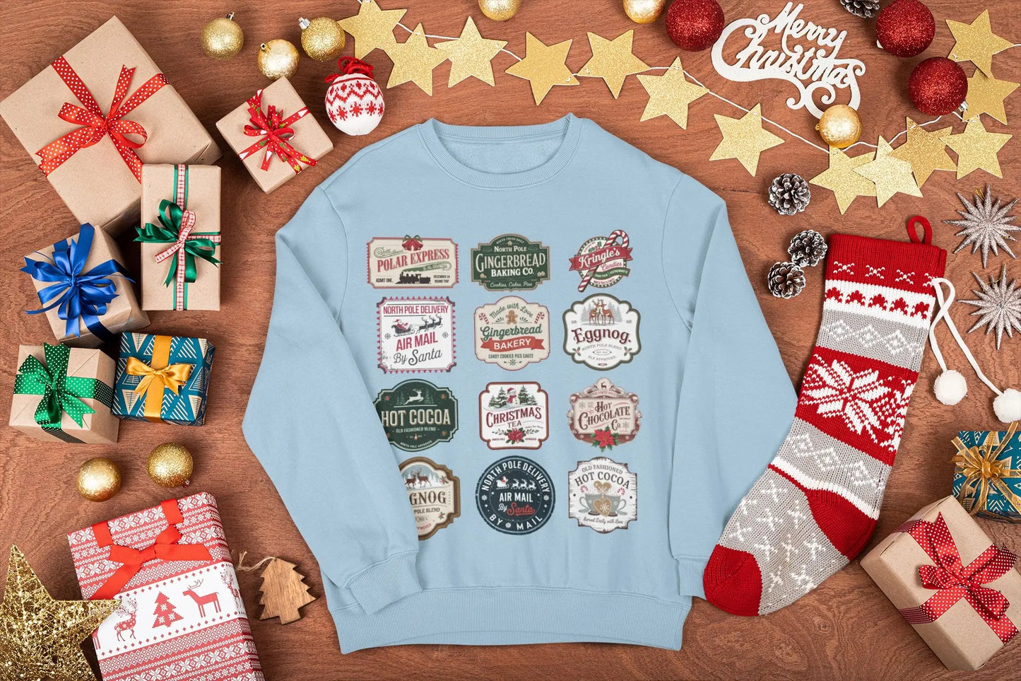 Christmas sweatshirt with vintage stamps