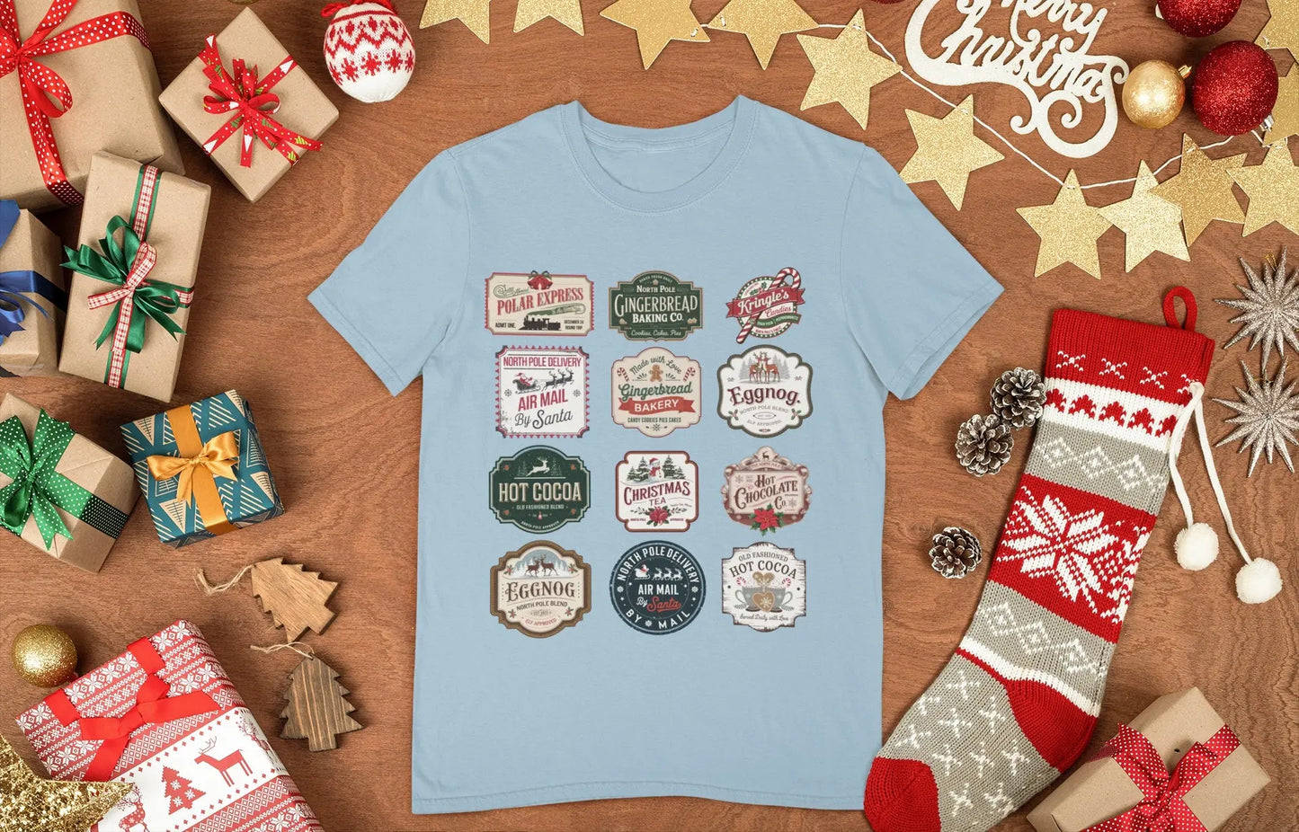 Christmas tshirt featuring vintage stamps