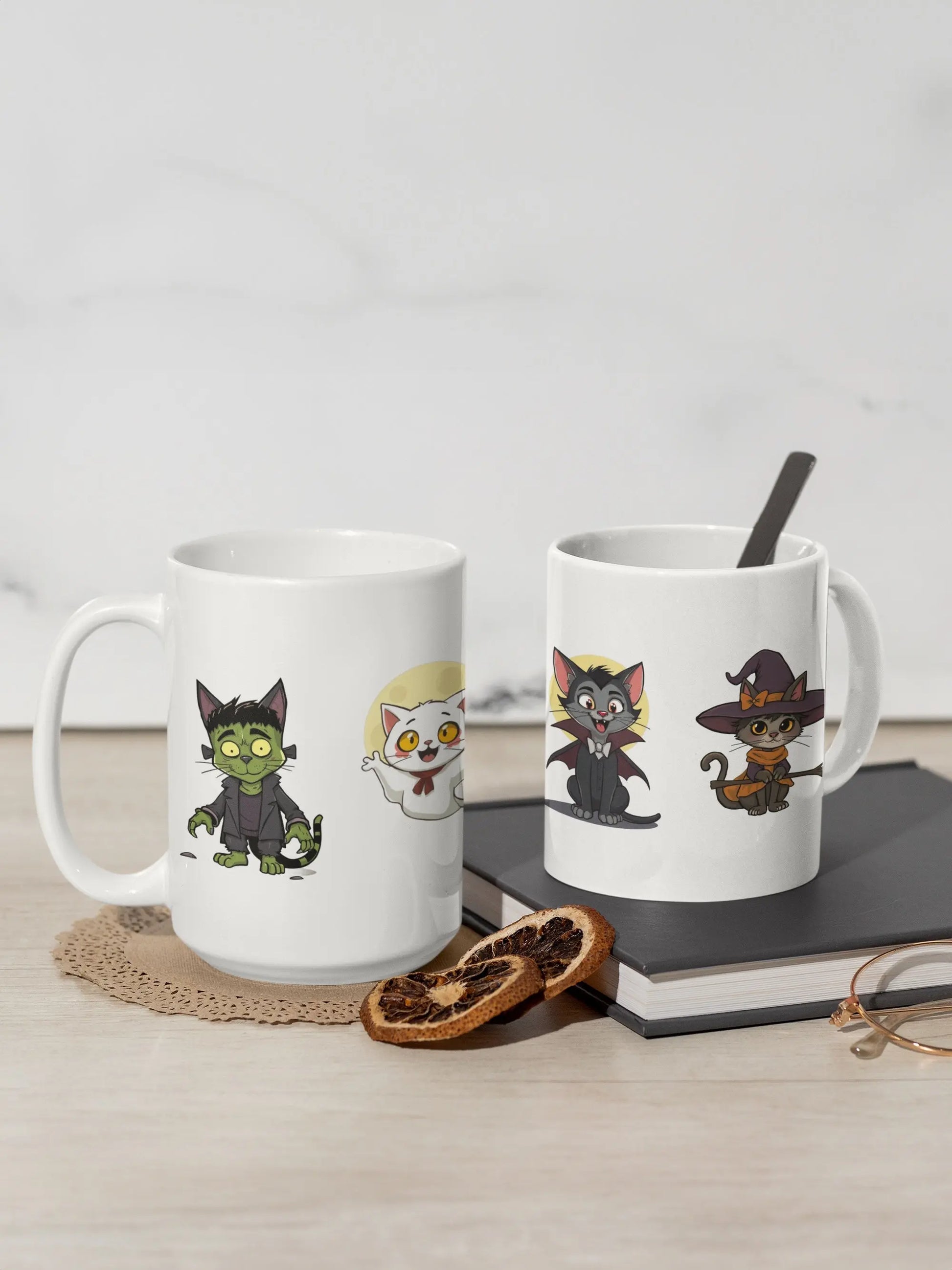 Spooky coffee mug featuring cat versions of universal monsters