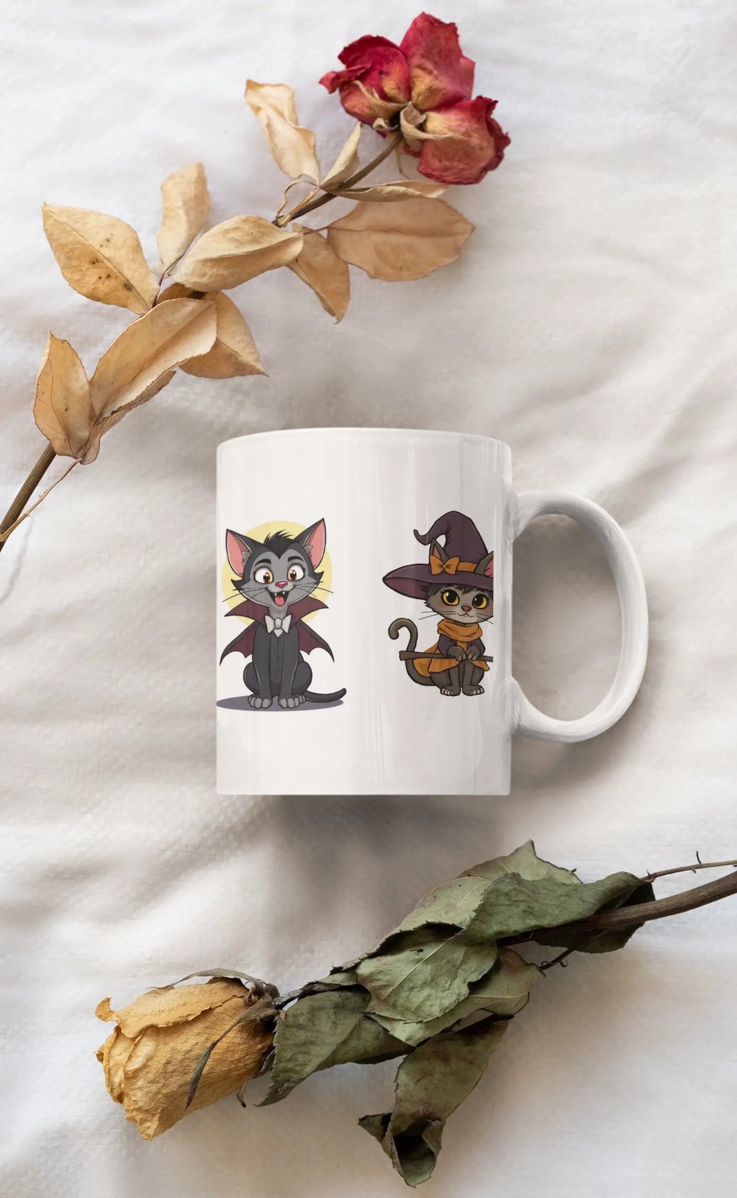 Spooky coffee mug featuring cat versions of universal monsters