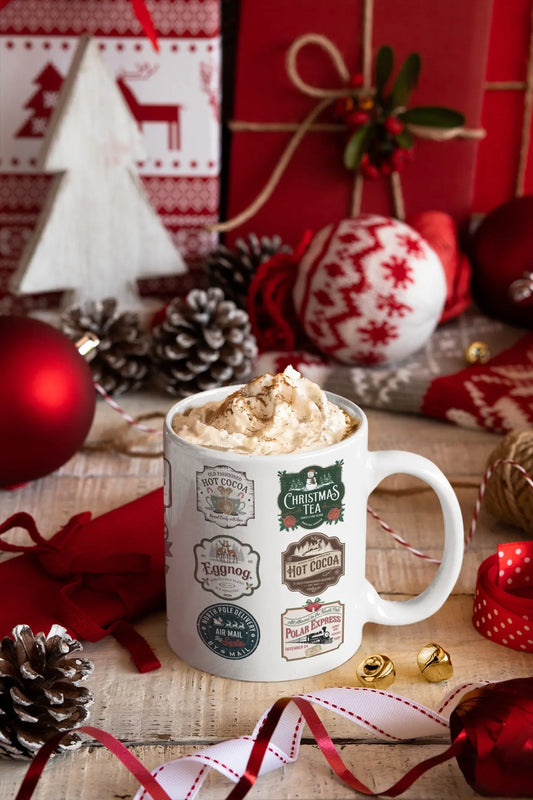 christmas mug featuring vintage stamps