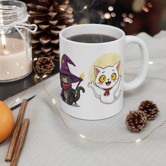 11oz mug with cartoon cat of various monsters