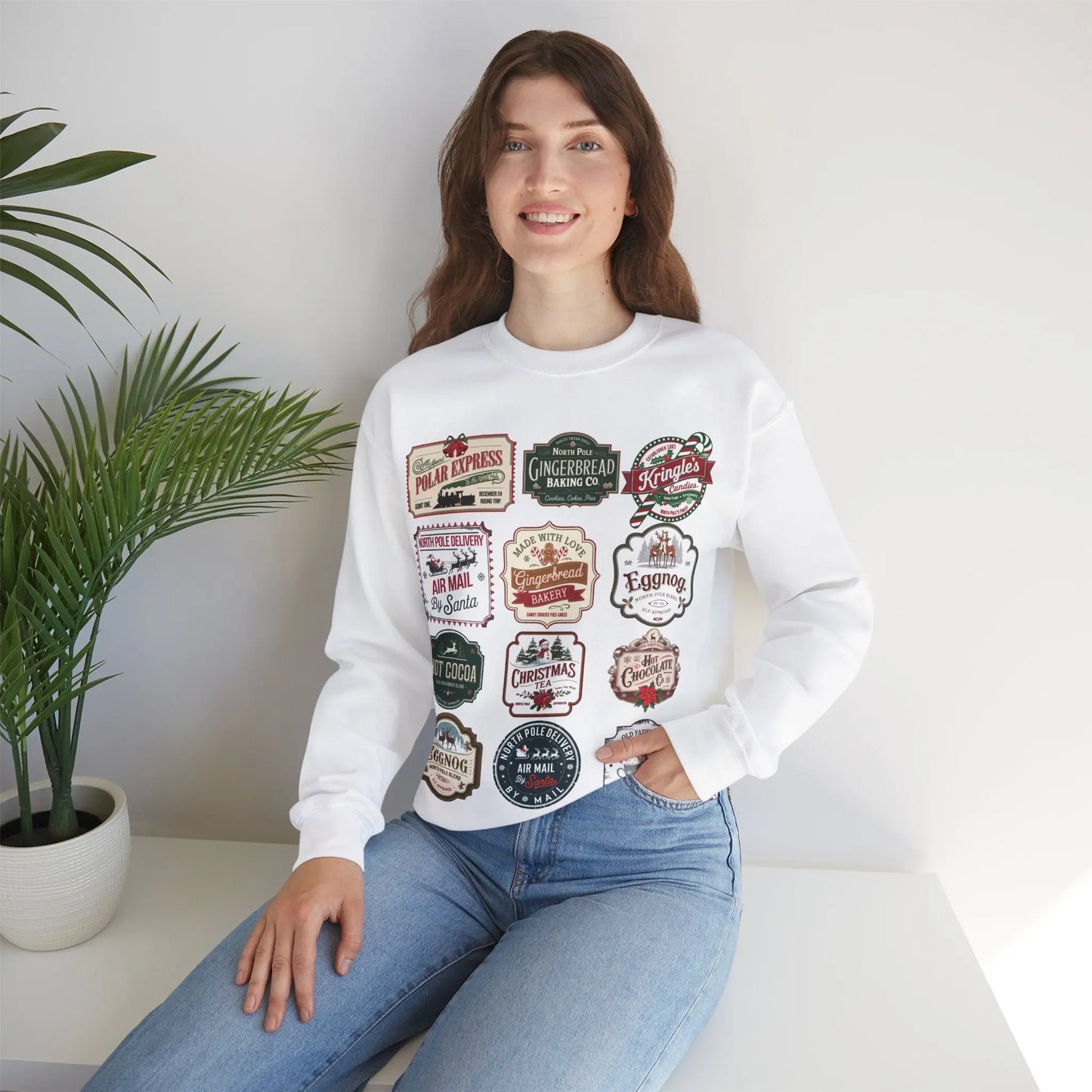 Christmas sweatshirt with vintage stamps