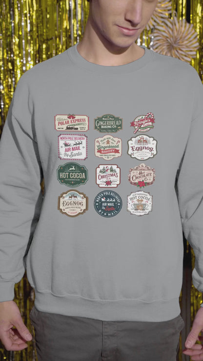 Christmas Sweatshirt, with vintage Christmas Stamps, unisex