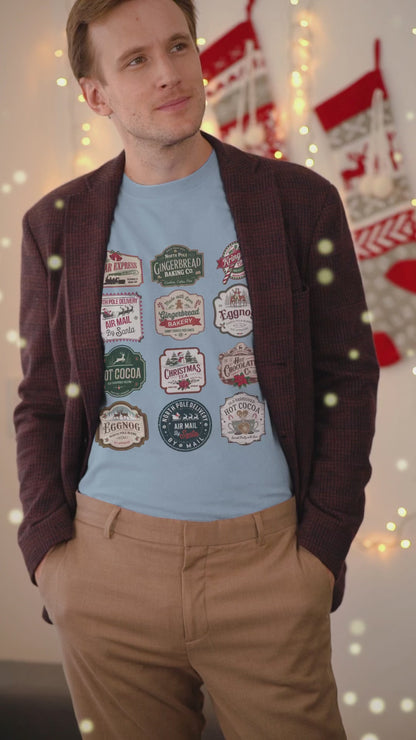 Christmas tshirt, featuring vintage Christmas stamps, unisex